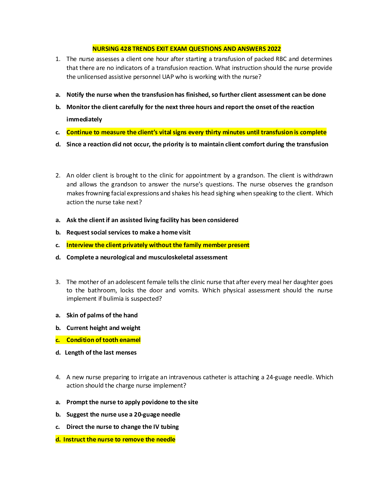 Preview of NURSING 428 TRENDS EXIT EXAM QUESTIONS AND ANSWERS 2022